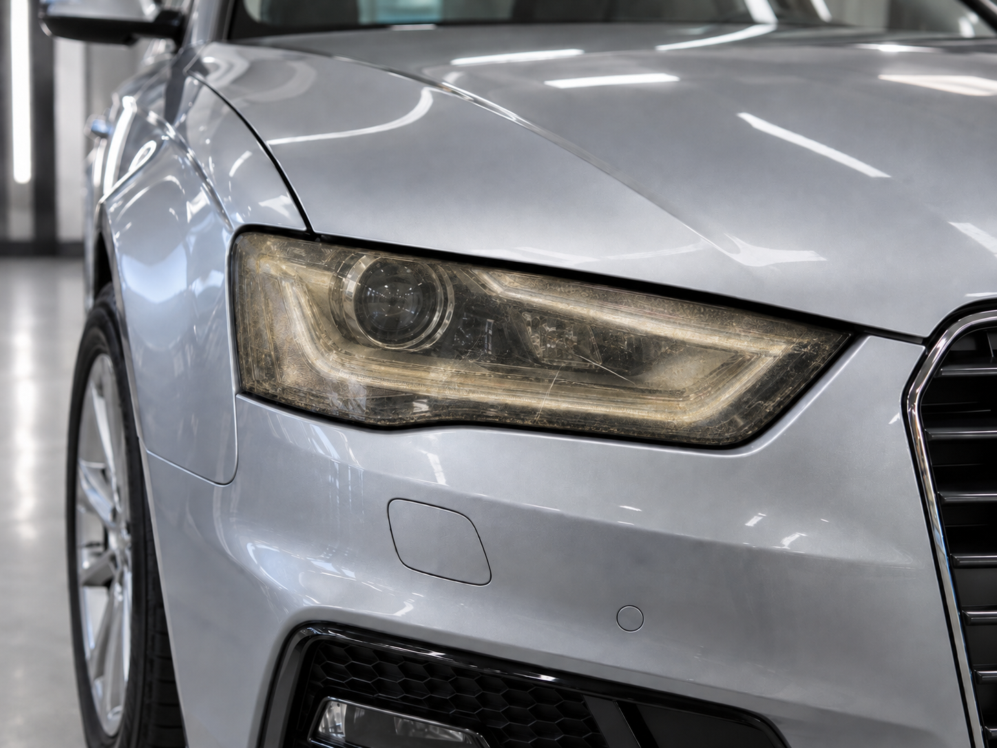 Faro Audi opaco e ingiallito prima del ripristino professionale