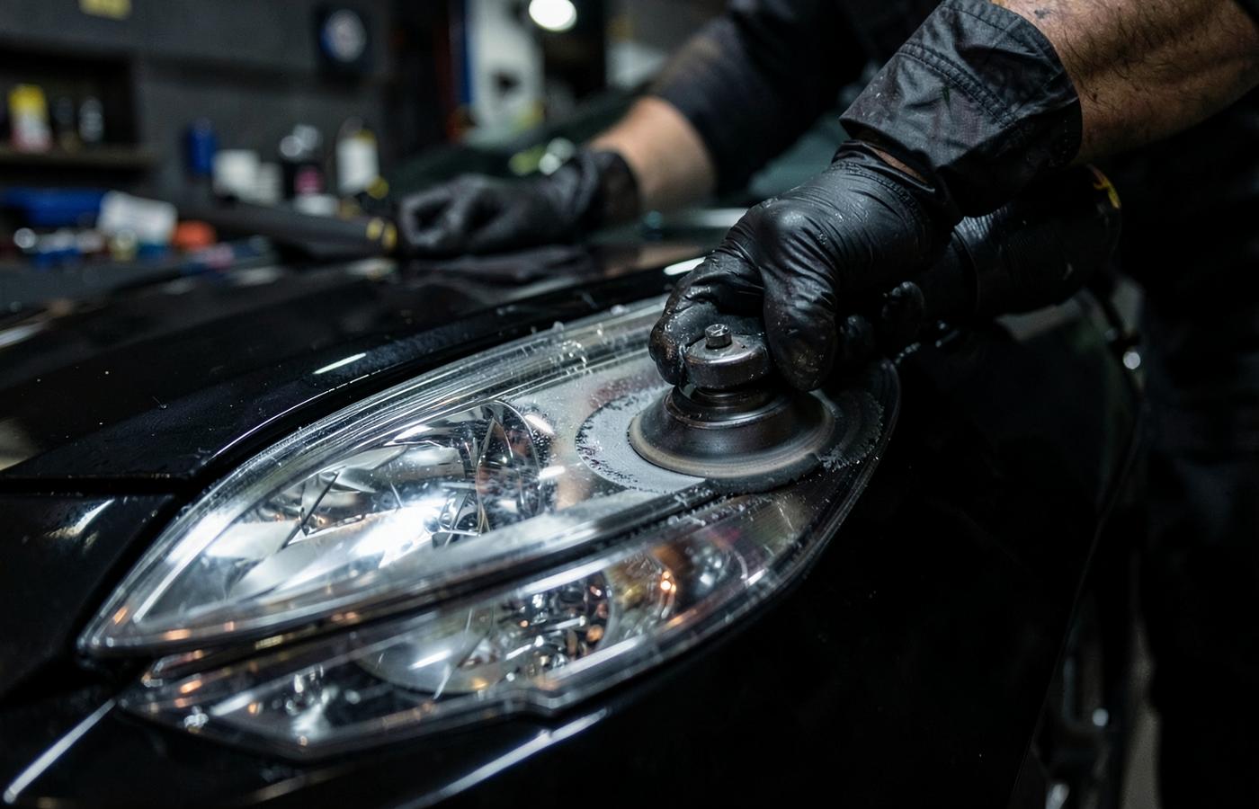 Lucidatura professionale di un faro auto con lucidatrice e paste dedicate al policarbonato